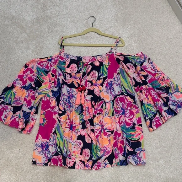 Lilly Pulitzer Alanna “Tipping Point” Pink and Blue Floral Blouse/Tunic/Top Med - Picture 14 of 15